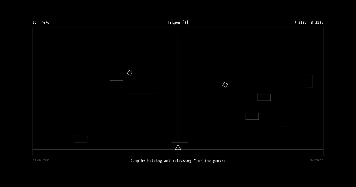 A screenshot of what looks like an old arcade game. Outlined geometric shapes in a two dimensional space looks like the game asteroids. At the bottom is the text “Jump by holding and releasing up arrow on the ground.” There is a triangle in the center. The game involves jumping while the world moves past you. You try to collect sides to your shape to become more round. You can only jump, and the world stops moving when you aren't in the air. There is also music that plays and doesnt progress unless you are in the air.
